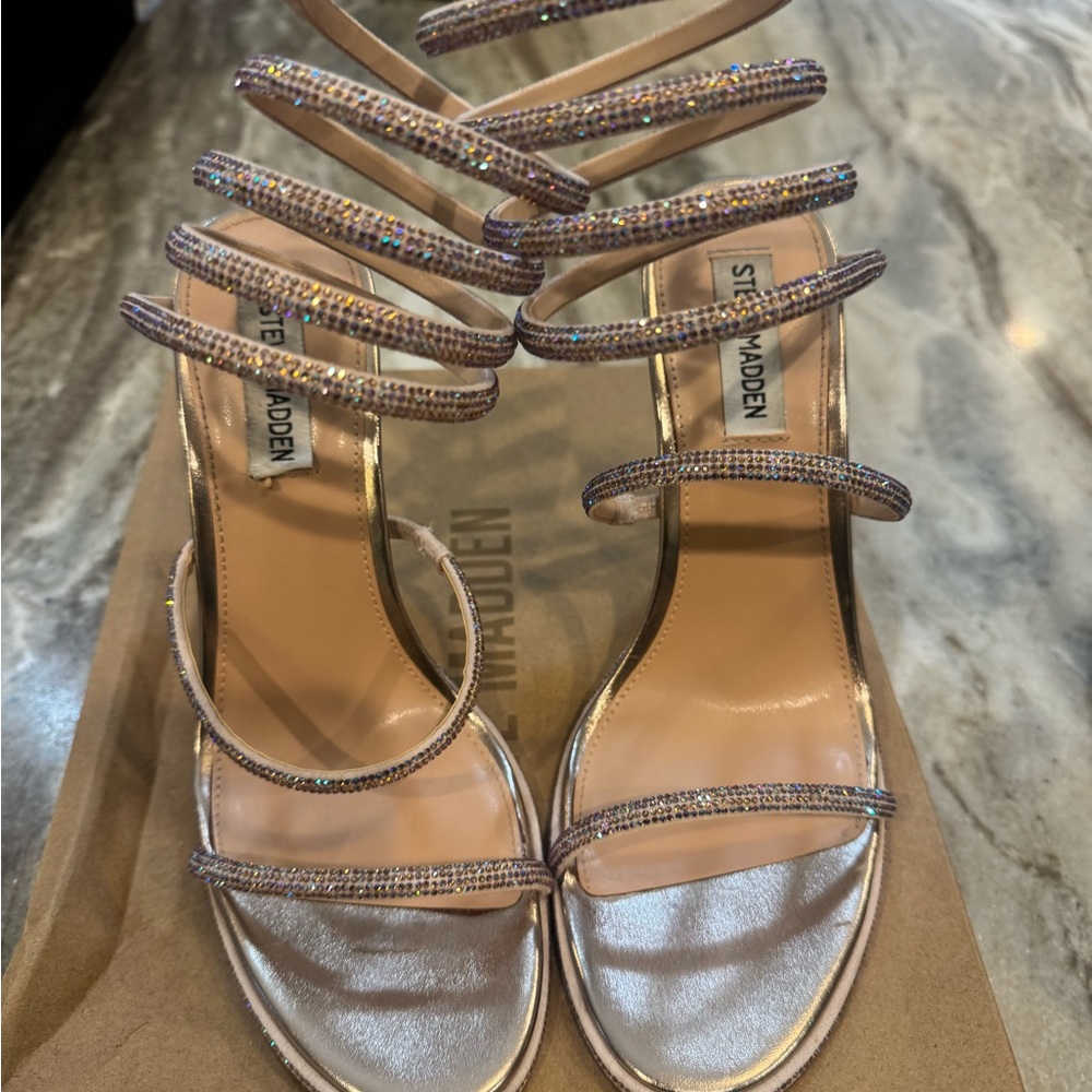 Steve Madden Nude/Rose Crystal Spiral Strap Stiletto Sandals